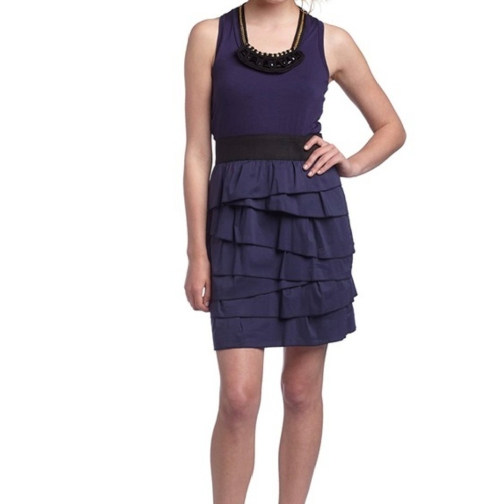 NWT Pacific Blue BCBG MaxAzria Tiered Racerback Tank Mini Dress XS +Bib Necklace